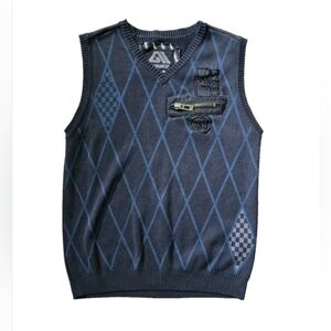 Allyance Argyle Sweater Vest Mens Large Black Blue Zip Pocket